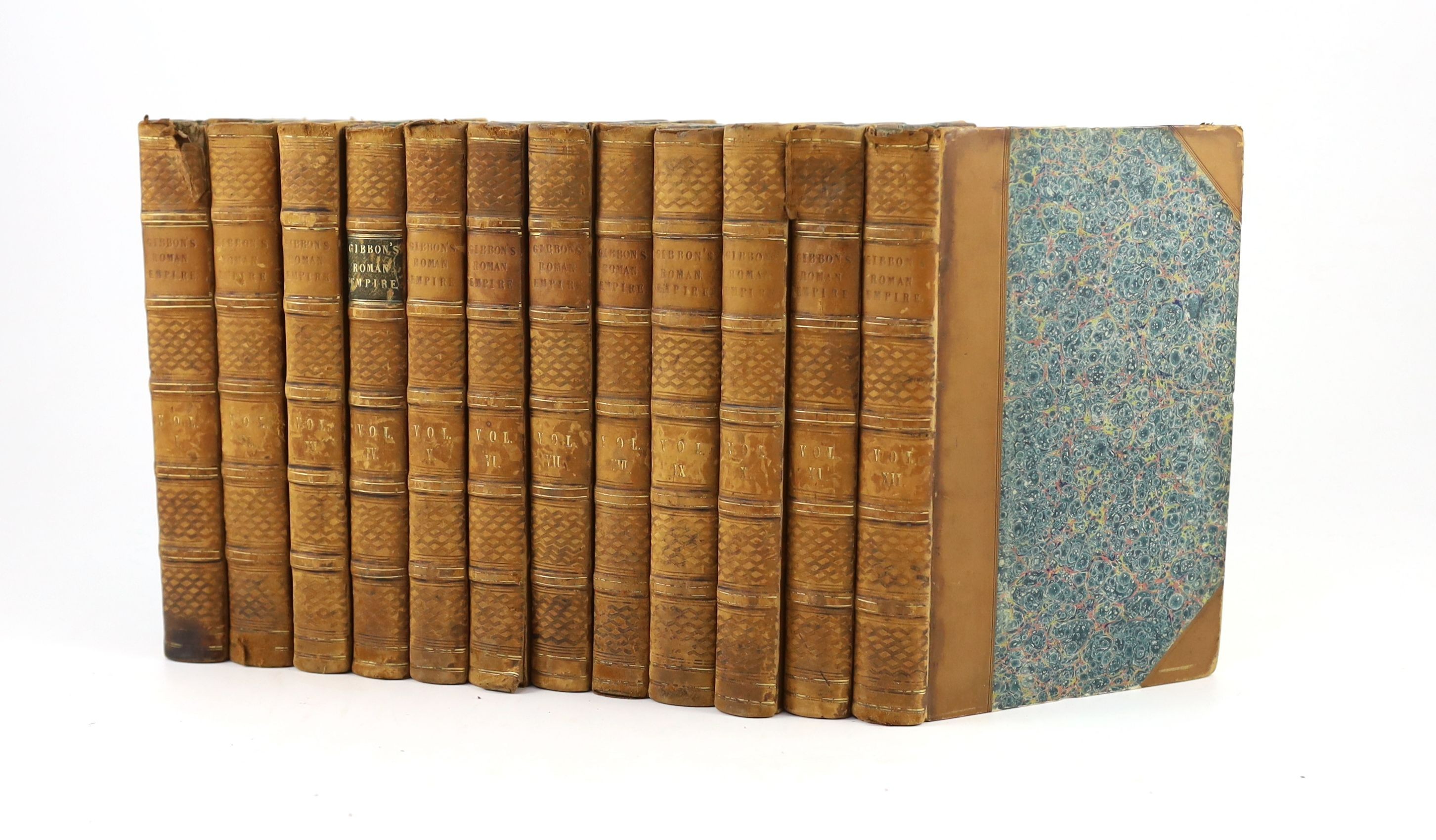 Gibbon, Edward - The History of the Decline and Fall of the Roman Empire, 12 vols, 8vo, half calf, with portrait frontispiece and 2 folding maps, frontis and titles browned, maps spotted, lacking most titling labels, Lon